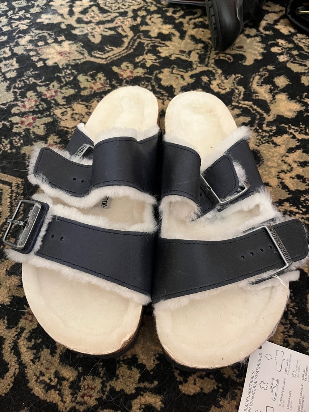 Birkenstock Black Leather Shearling-Lined Slide Sandals